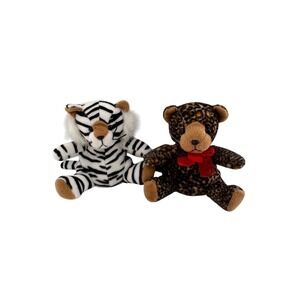 Vtg Set Of 2 G.A.C. Plush Stuffed Animals Zebra Leopard Tiger Red Bow 6" Bear